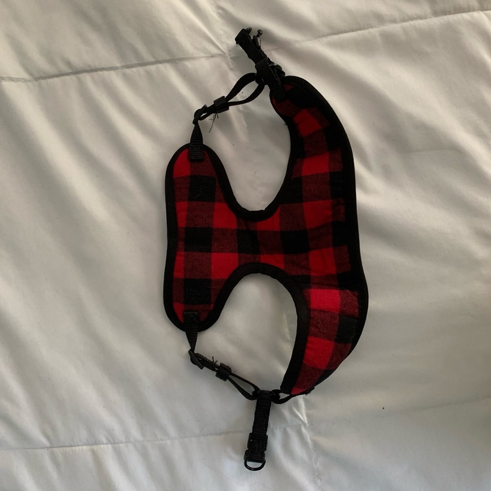 Plaid red & black christmas themed harness sherpa